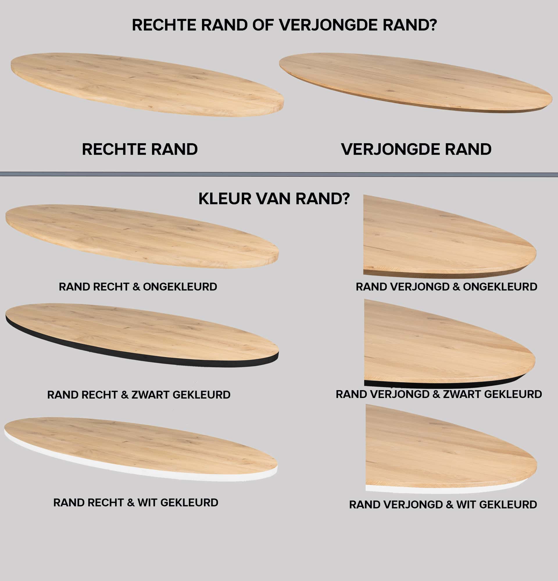 Randafwerkingen ovale eiken tafels.