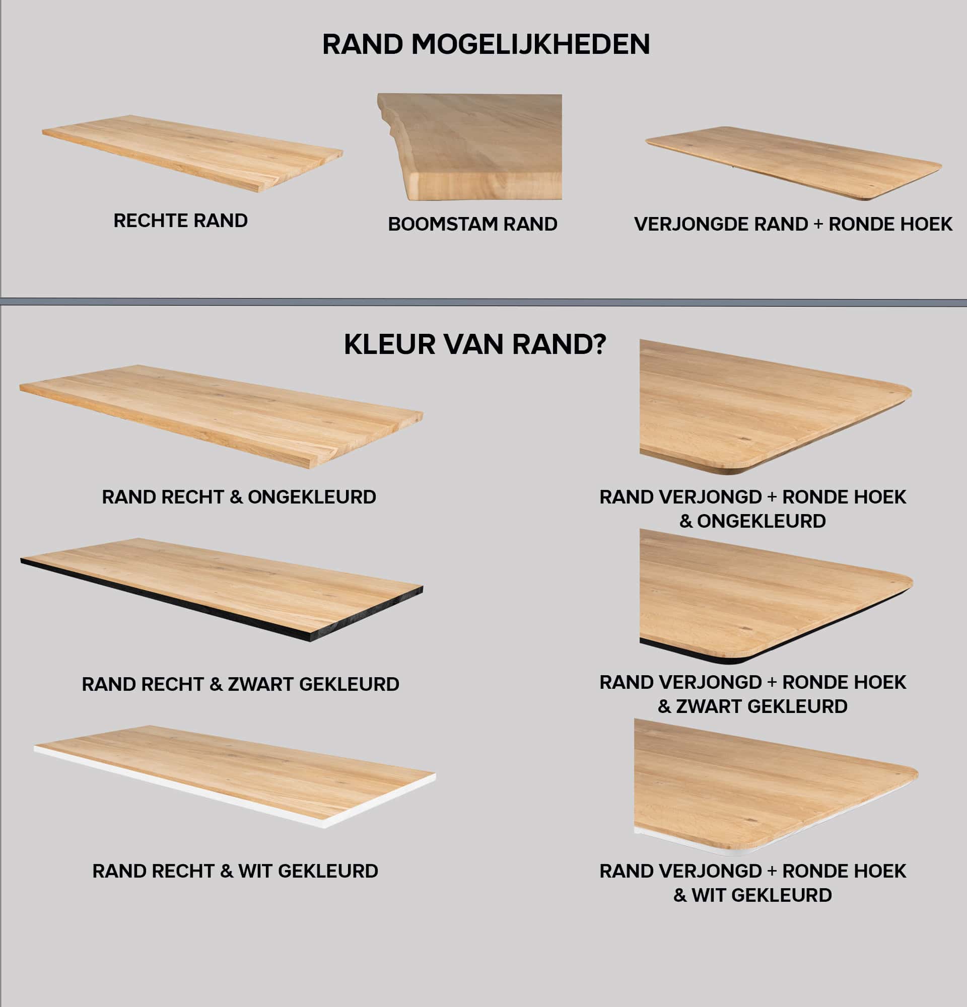  Randafwerkingen rechte eiken tafels.