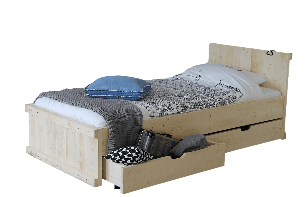 Eenpersoonsbed met opbergruimte.